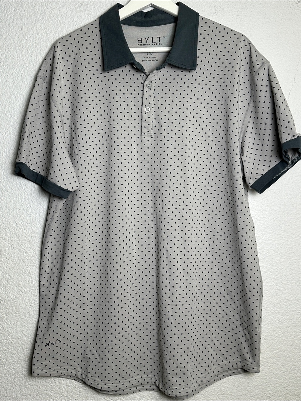 BYLT Premium Basics Lux Polo Shirt Mens Gray Polka Dot Golf Short Sleeve Size XL